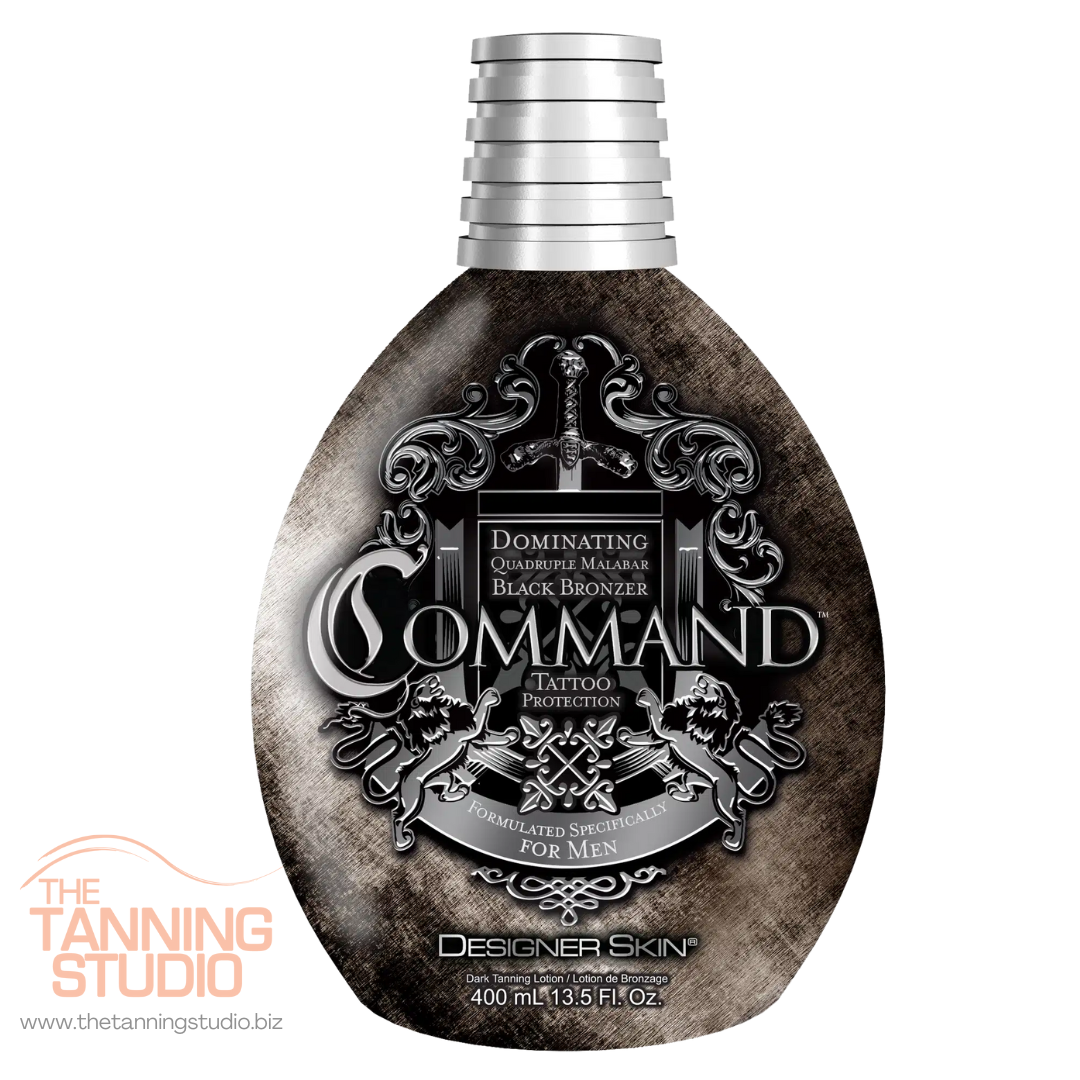 Command Dominating quadruple Malabar Black Bronzer with Tattoo Protection by Designer Skin. Formulated specifically for men. 