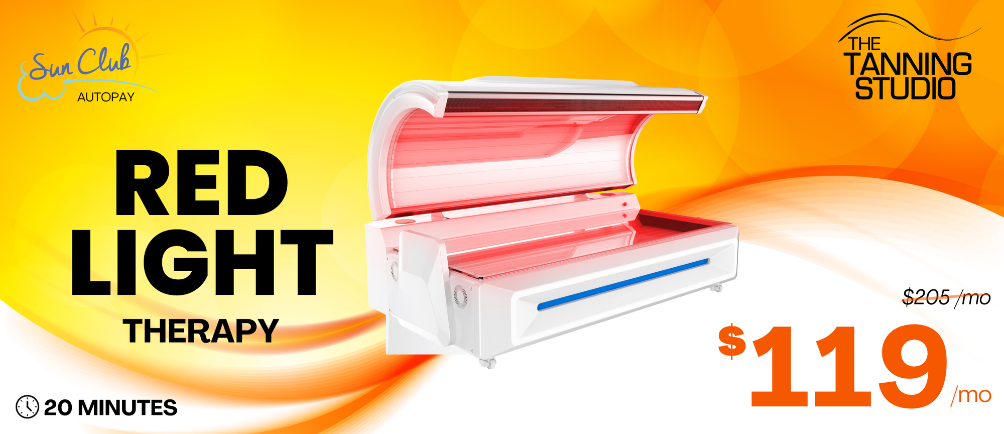 Red Light Therapy Sun Club. 20 Minute Sessions. Only $119/mo, regular price $205/mo.