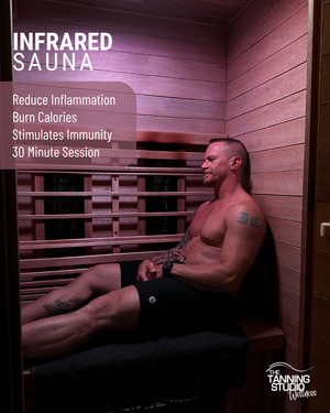 Man sitting in an infrared sauna with text highlighting benefits