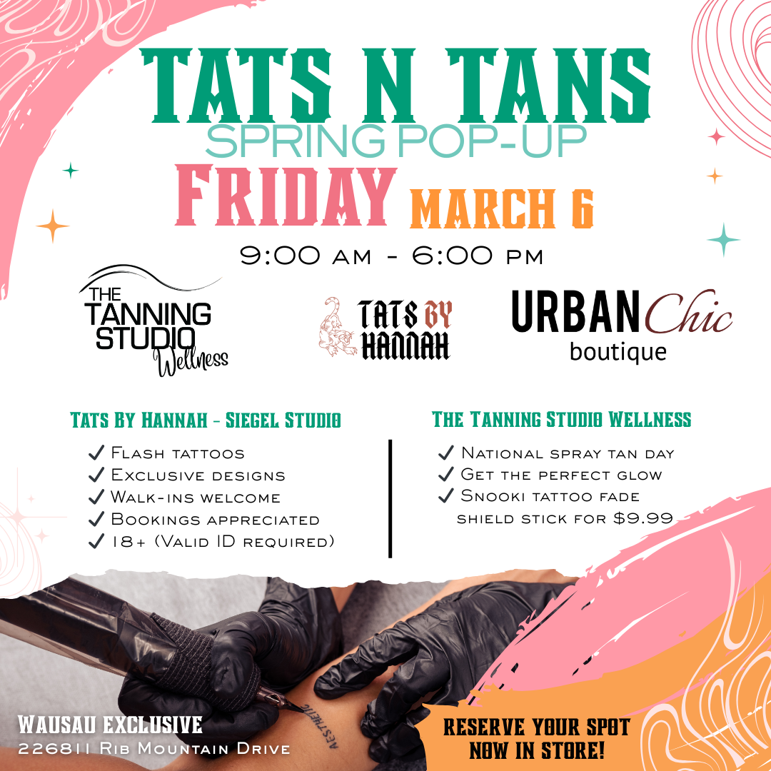 Promotional flyer for Tats N Tans Spring Pop-Up event with tattooing details and branding.